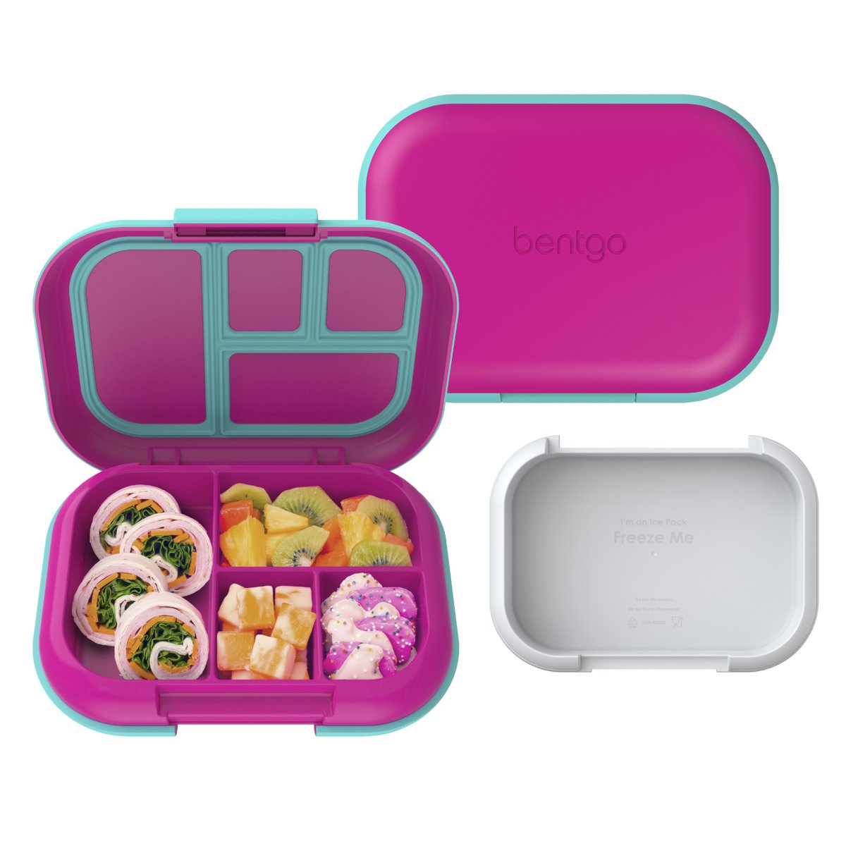 Bentgo Kids Chill lunch box shown open, closed, and with its removable ice pack as the exact product to buy.