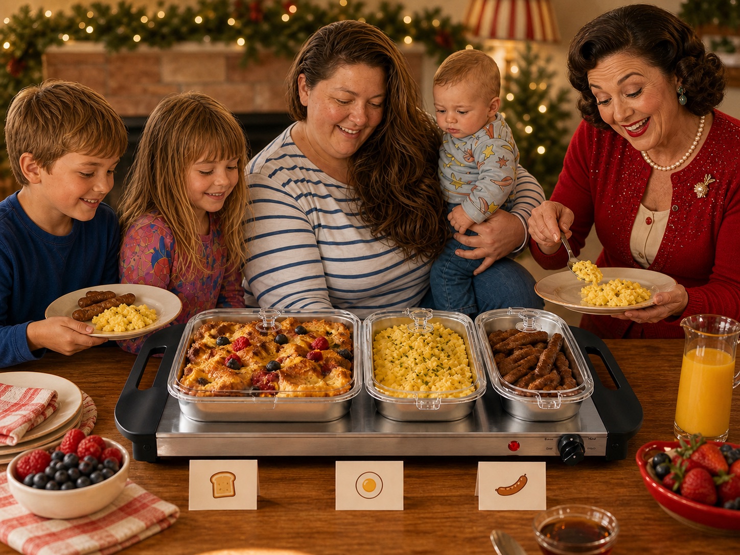 Carla, her children, and a vintage movie-star aunt serve French toast, eggs, and sausage from a Chefman buffet server.