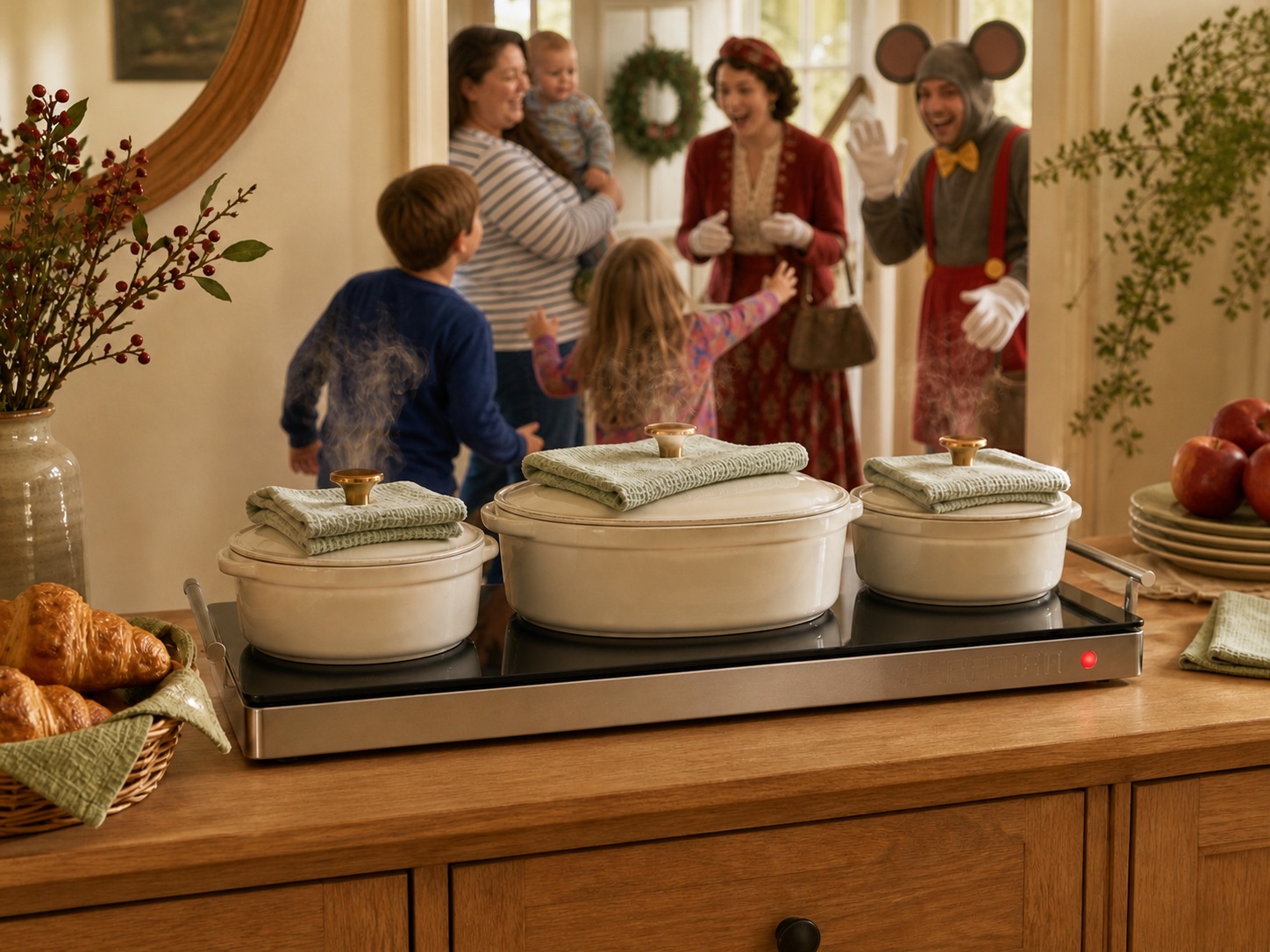 Covered casseroles rest on a wide Chefman glass warming tray while Carla and her children greet two eccentric relatives.