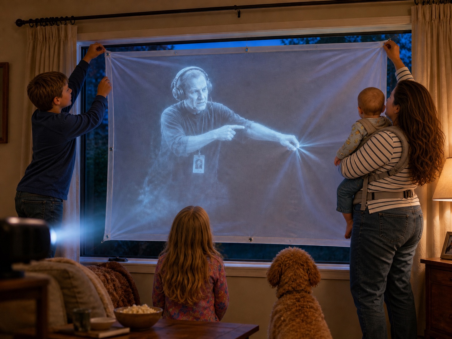 Carla and her children pull AtmosFX window material taut while a projected stage manager points out the remaining wrinkle.