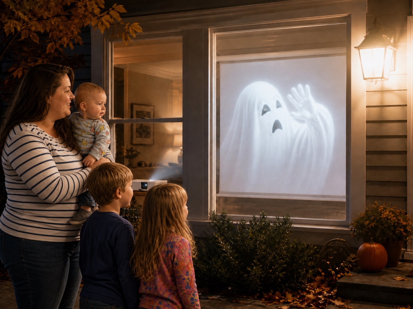 Carla and her children view an Epson CO-FH02 projecting a bright ghost into a front window beside a strong porch light.