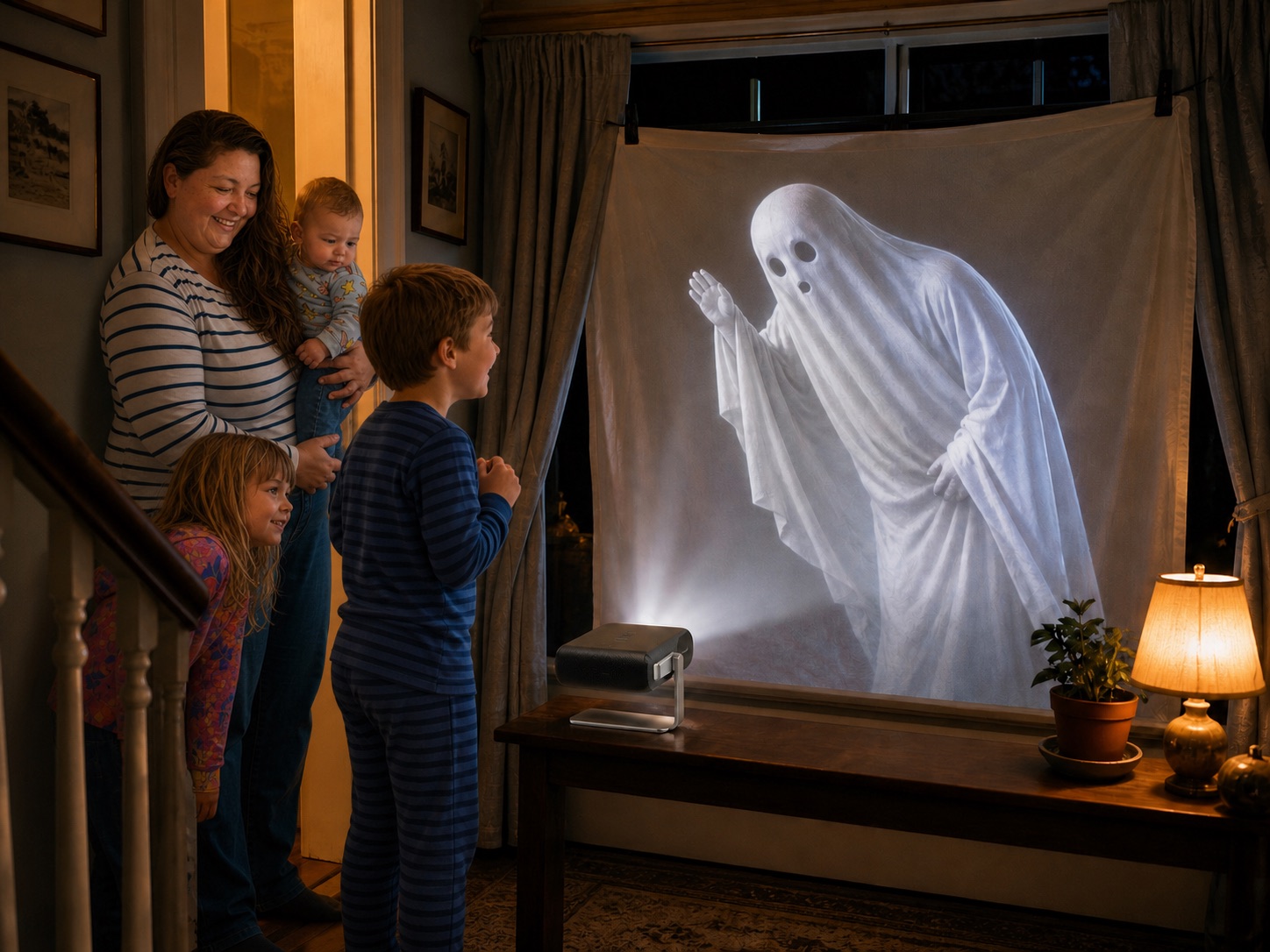 Carla and her children watch a compact ViewSonic M1X project a full-size ghost from a narrow upstairs landing.