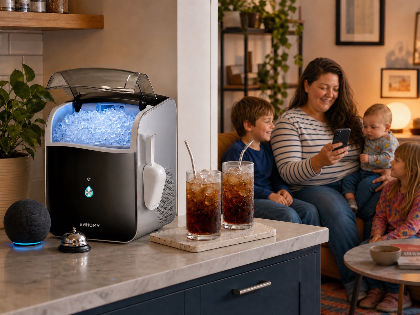 A compact Euhomy nugget ice maker prepares two sodas while Carla checks it from her phone beside her children.