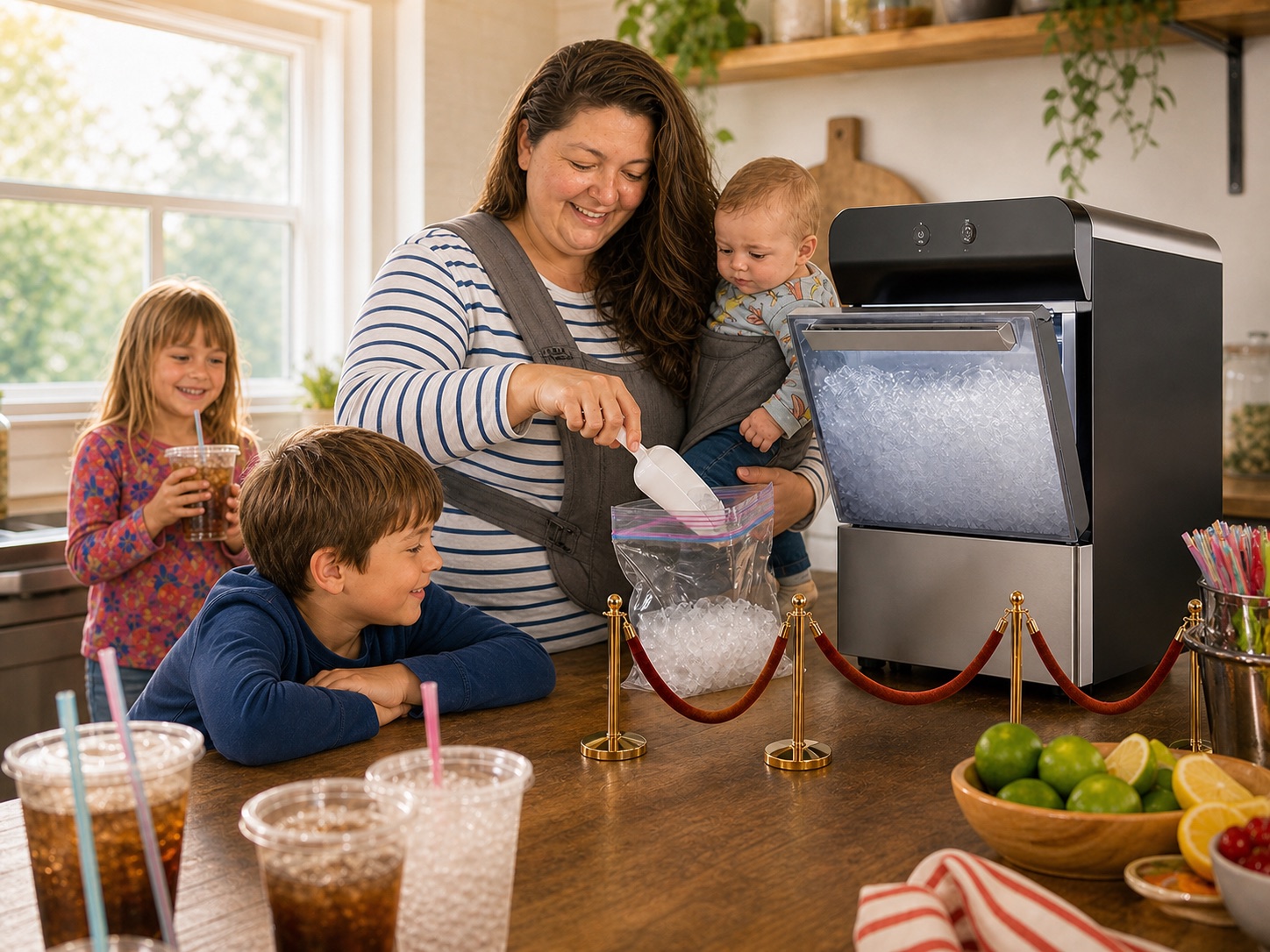 Carla and her children bag ice from a full Gevi nugget ice maker staged like a tiny ice vault before a party.