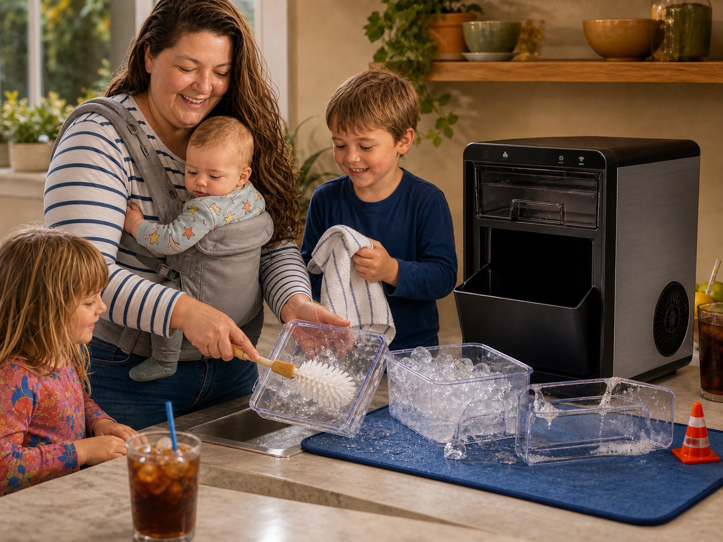 Carla and her children wash the removable tank and basket beside an unplugged Silonn nugget ice maker.