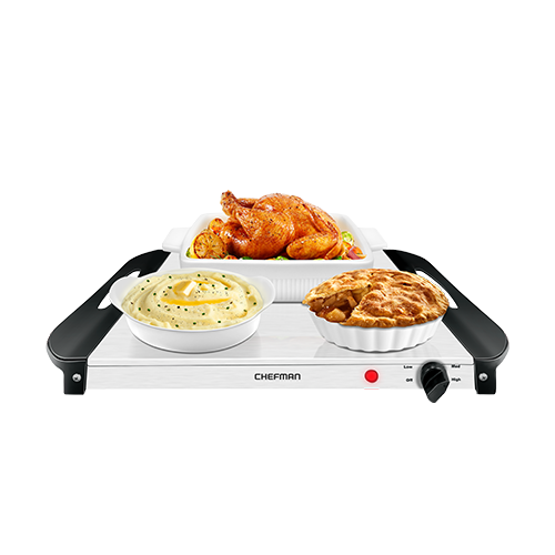 The exact Chefman buffet server with one 2.5-quart pan, two 1.2-quart pans, clear lids, and warming base.