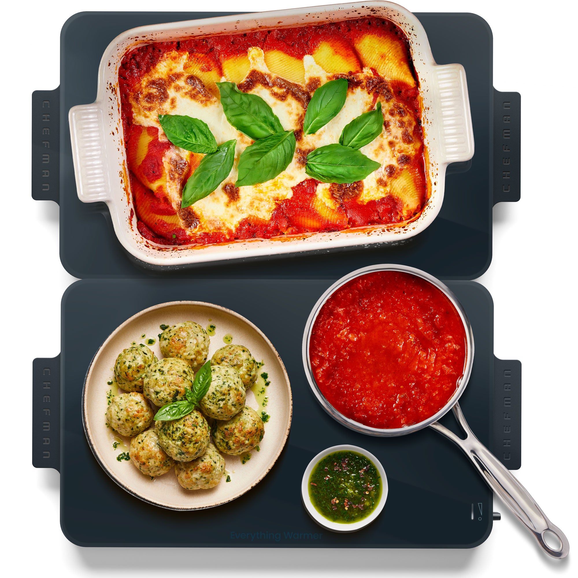 The exact two-piece Chefman Everything Warmer modular glass warming tray set.