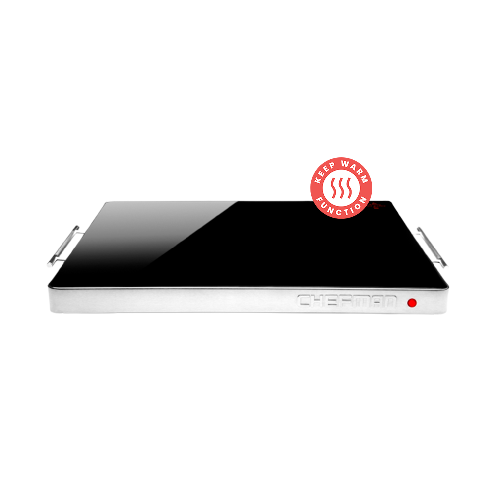 The exact Chefman family-size black glass-top warming tray.