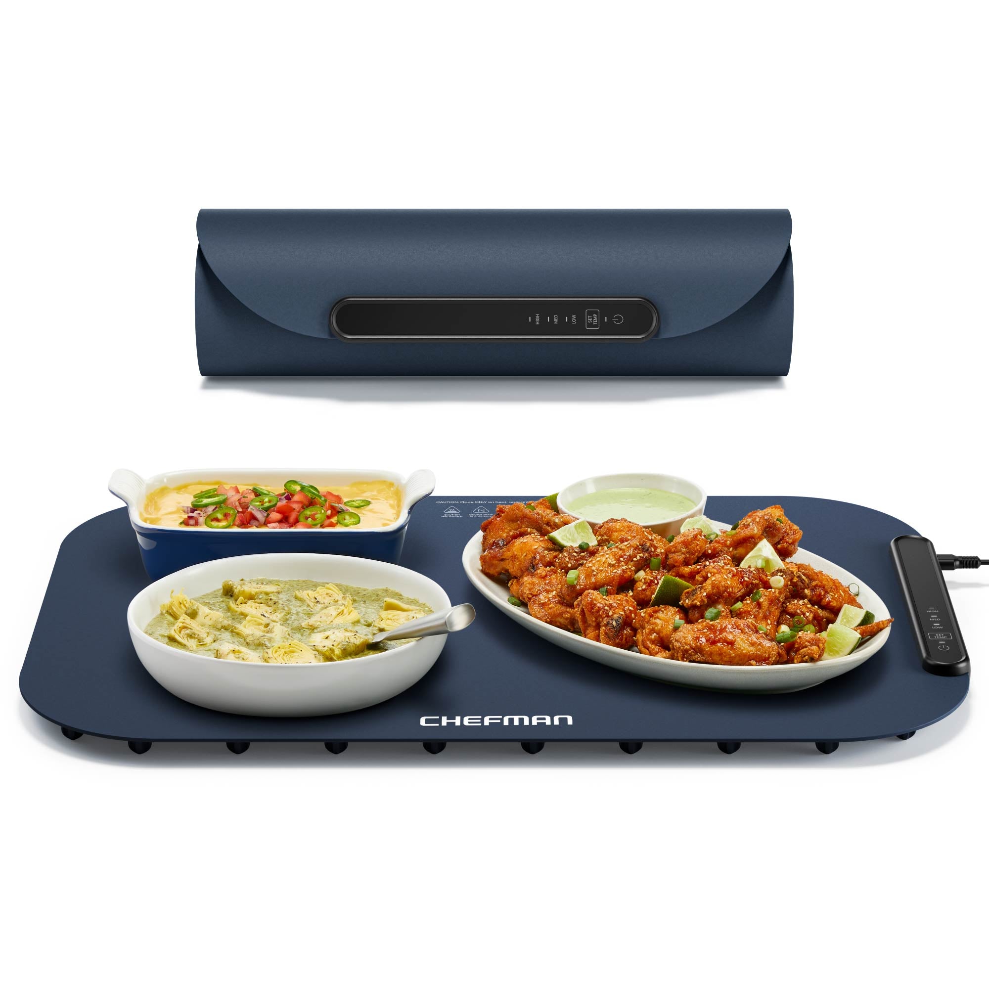 The exact black Chefman Roll n' Go flexible food warming mat with detachable control cord.