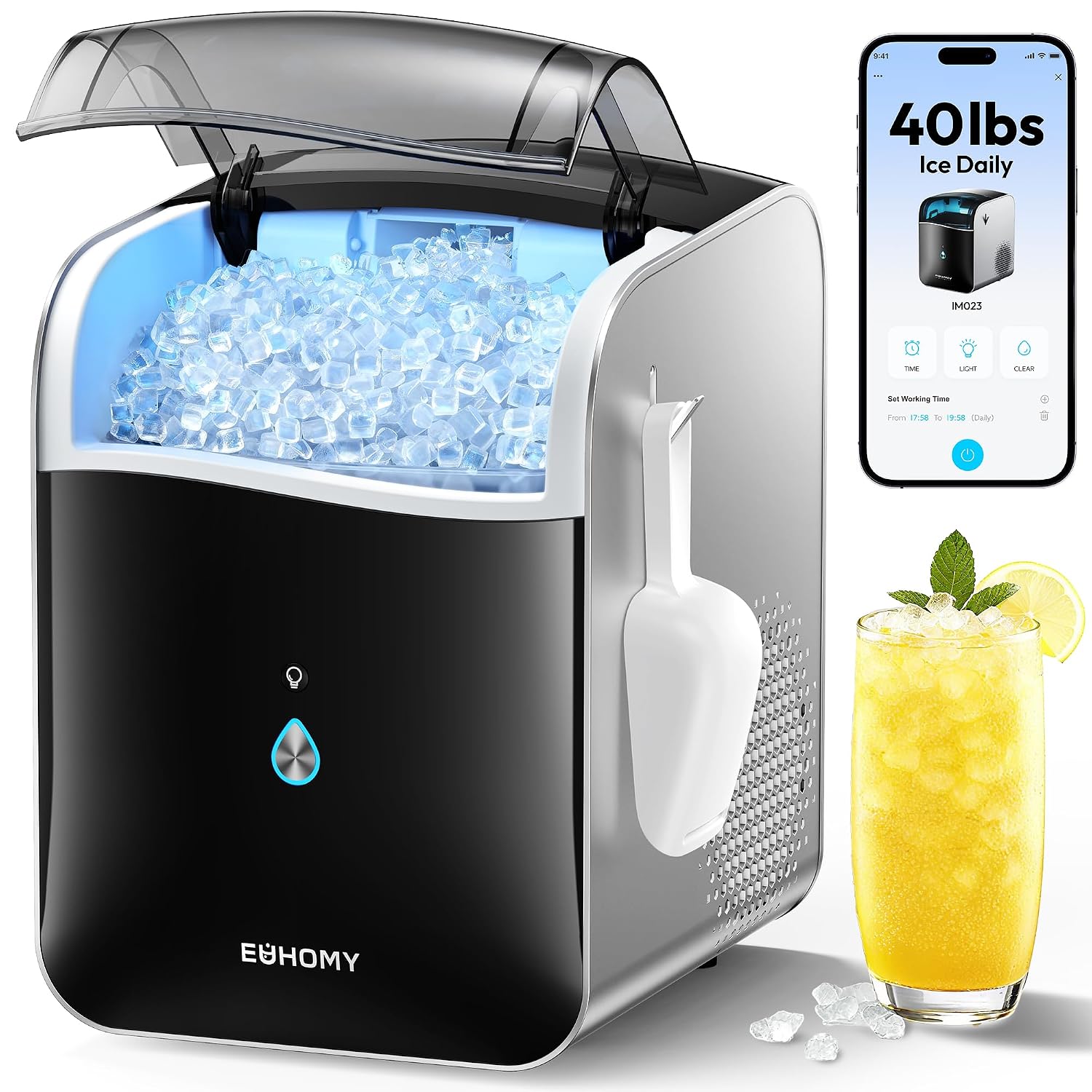 The exact compact stainless-and-black Euhomy smart nugget ice maker.