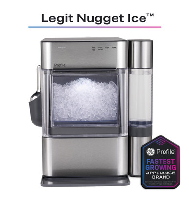 The exact stainless GE Profile Opal 2.0 Ultra nugget ice maker with clear bin and side water tank.