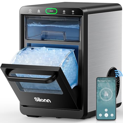 The exact Silonn stainless nugget ice maker with front pull-out water tank and removable ice basket.
