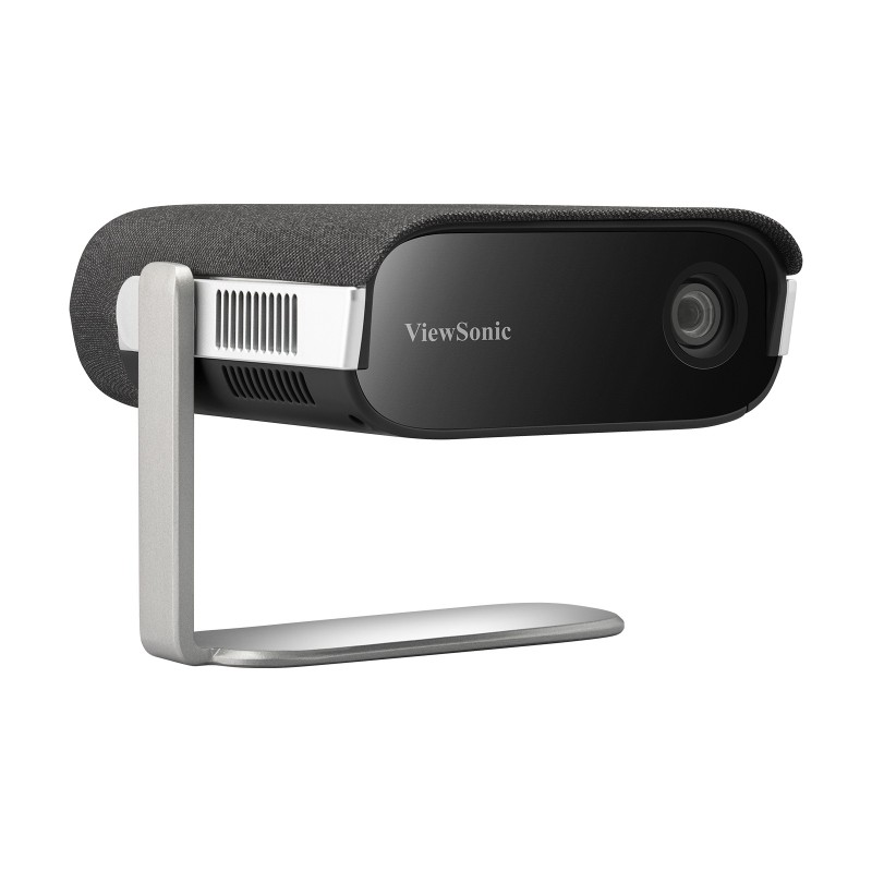 The exact dark ViewSonic M1X portable projector with its silver rotating stand.