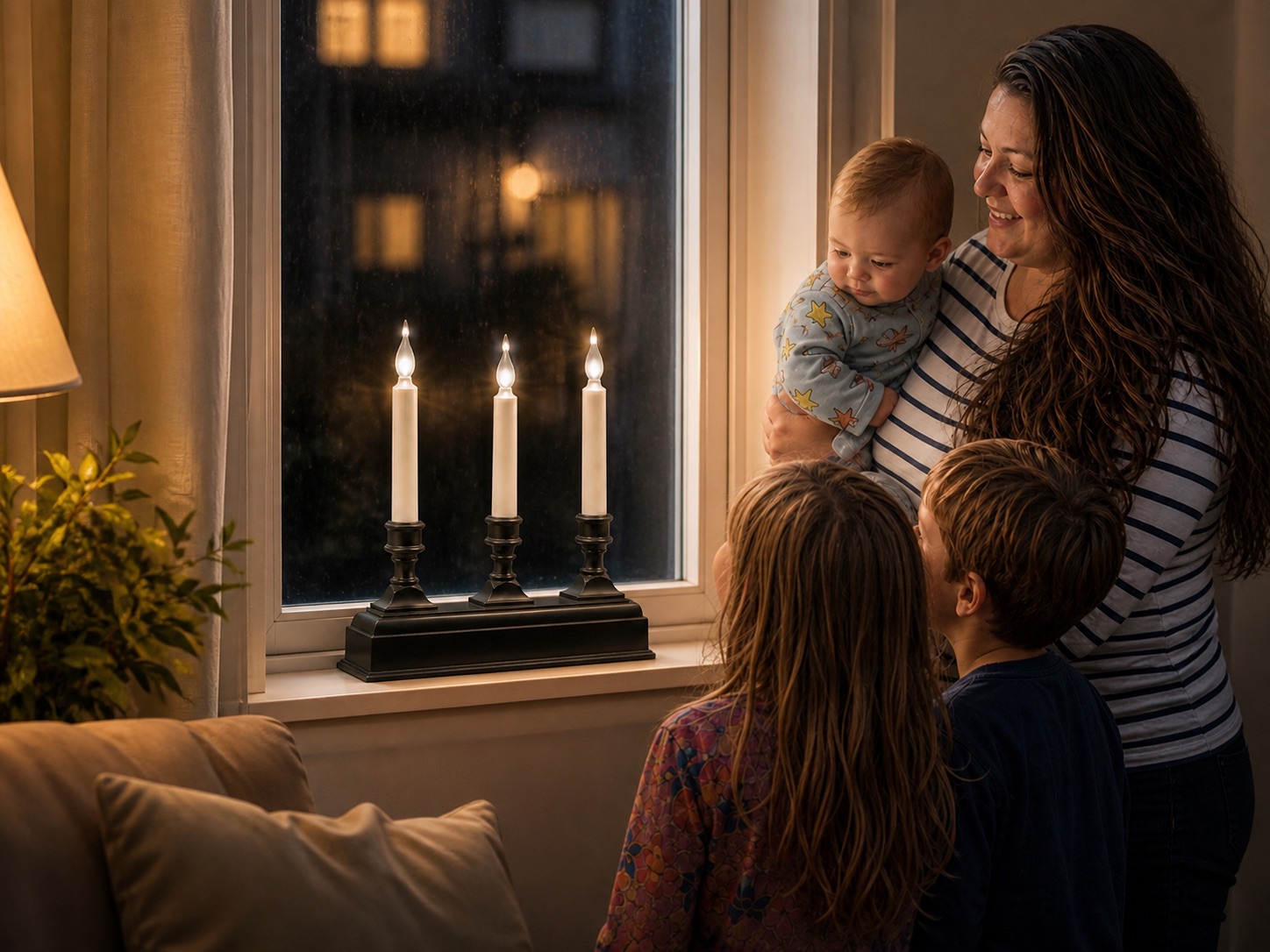 Carla and her children admire a three-candle candelabra centered on one narrow interior windowsill.