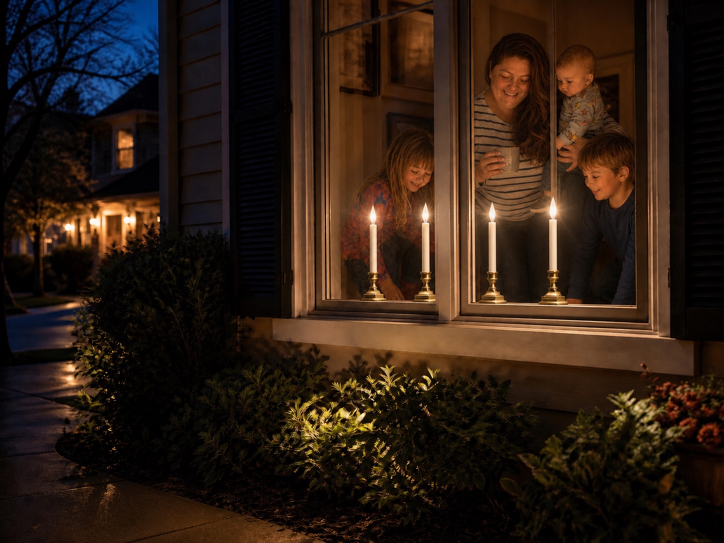 Carla and her children stand behind four bright directional candles positioned on the interior windowsills.