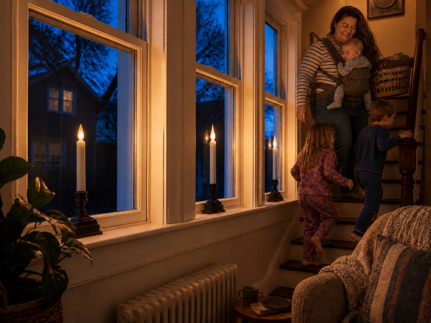 Warm window candles switch on at dusk while a parent heads upstairs without touching them.