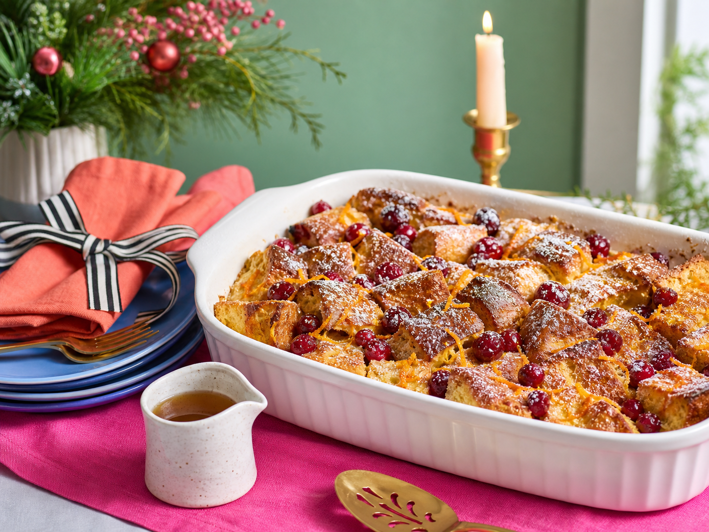 Cranberry-orange French toast casserole with maple syrup
