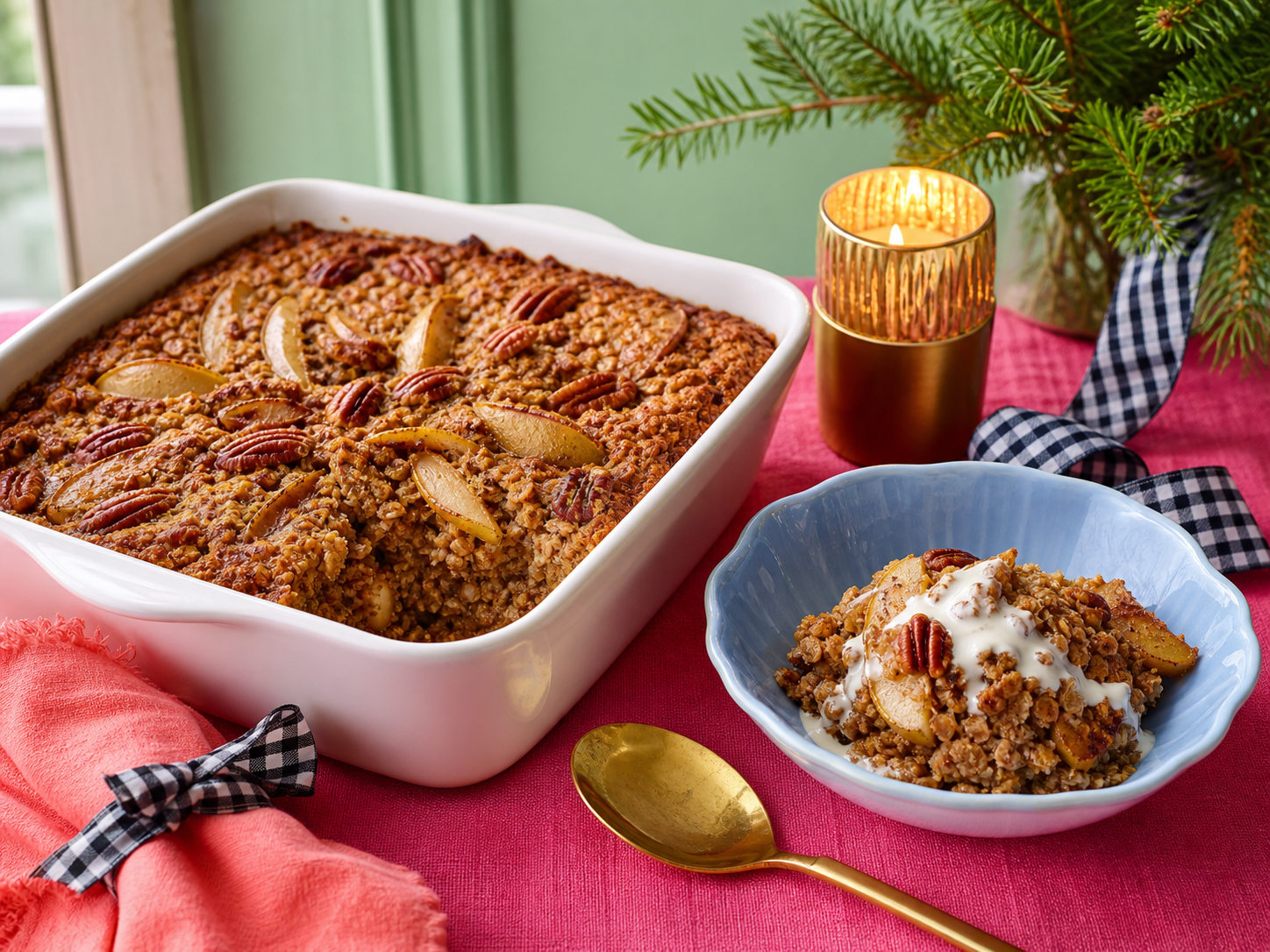 Gingerbread-pear baked oatmeal with pecans and cream