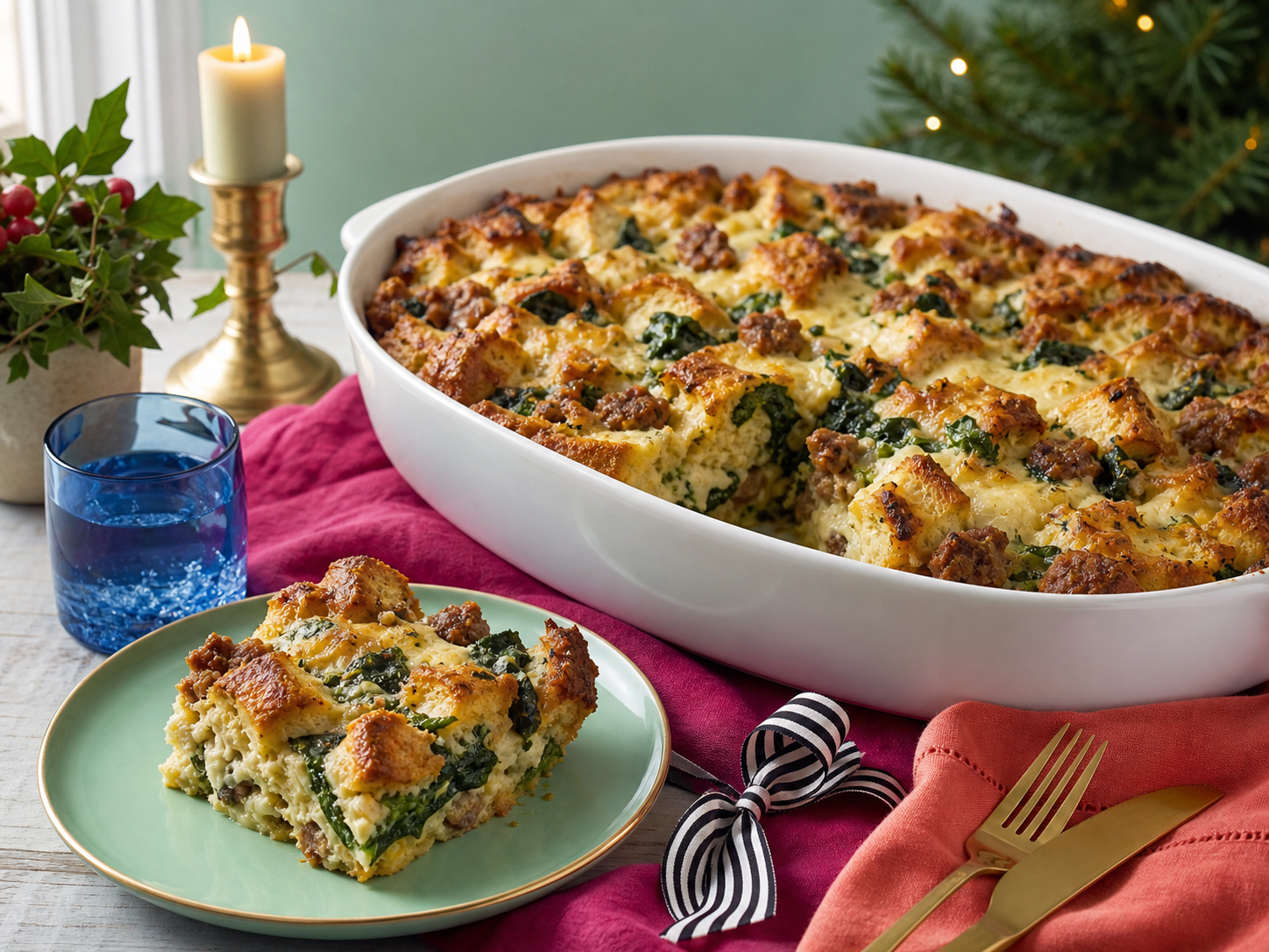 Gruyere, spinach, and sausage breakfast strata