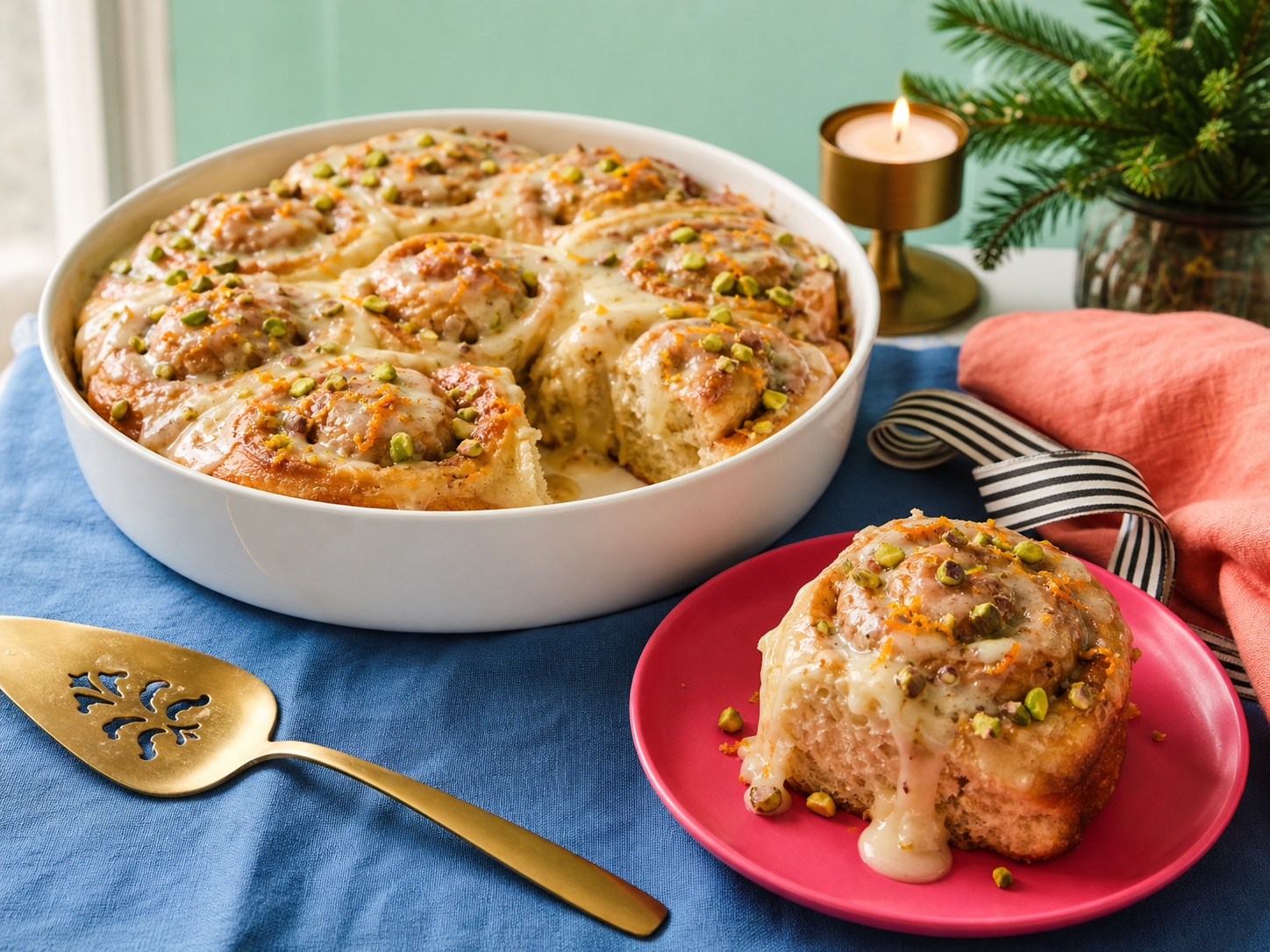 Orange-cardamom cinnamon rolls with cream cheese icing and pistachios