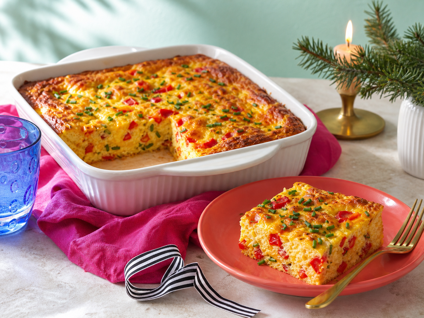 Roasted red pepper, cheddar, and chive egg bake