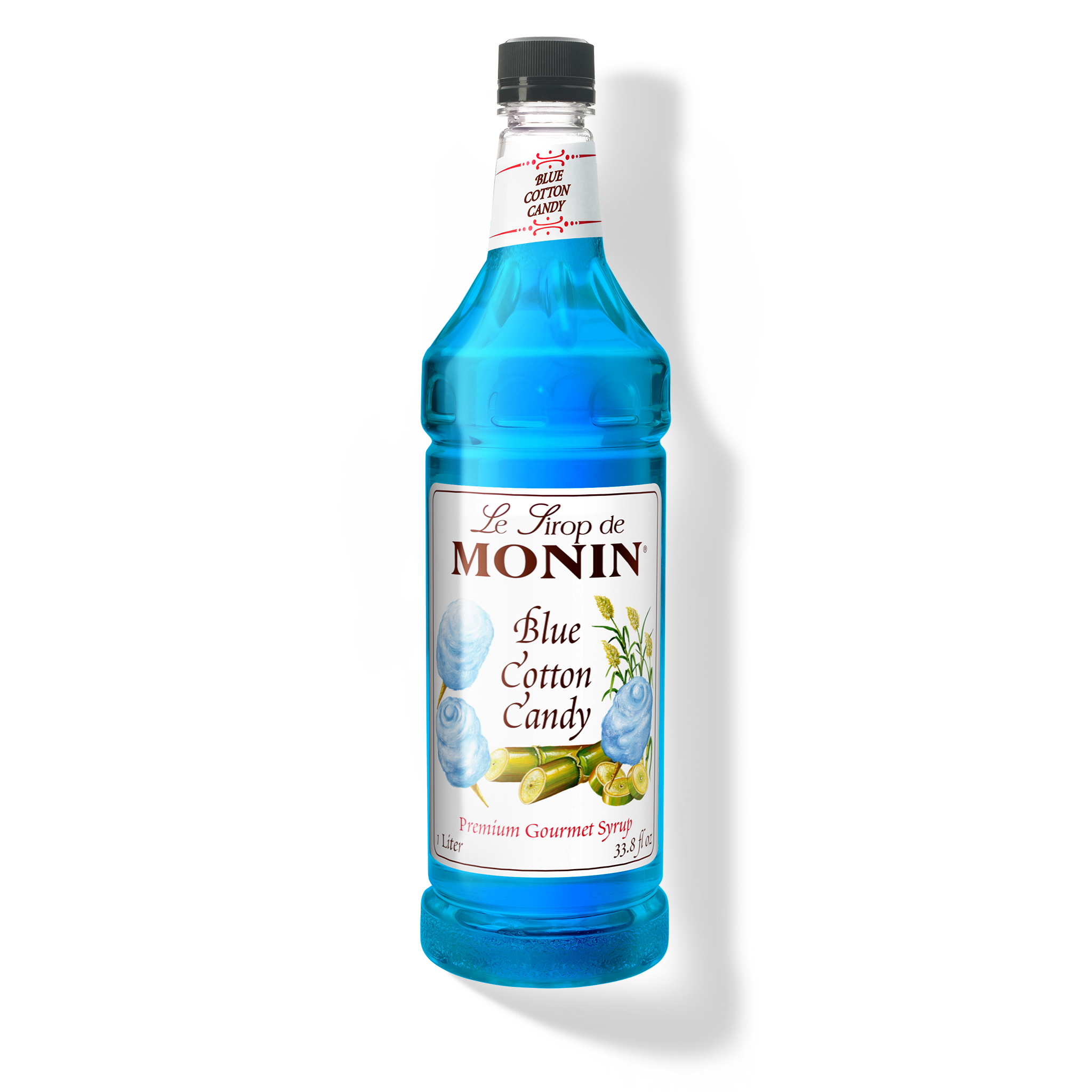 Bottle of Monin Blue Cotton Candy Syrup.