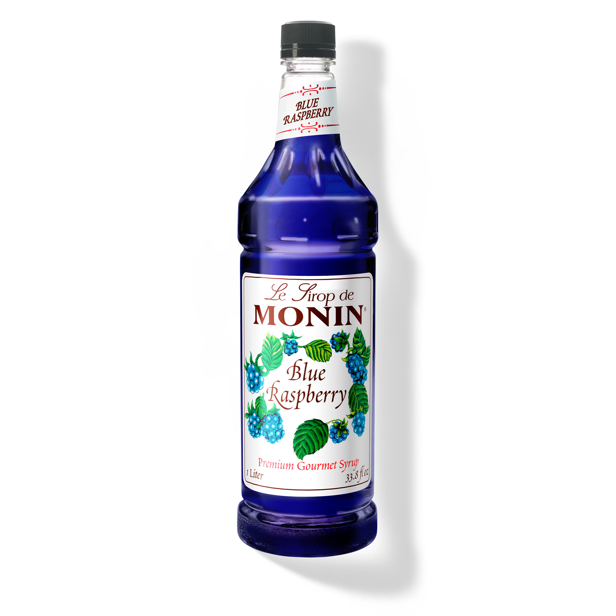 Bottle of Monin Blue Raspberry Syrup.