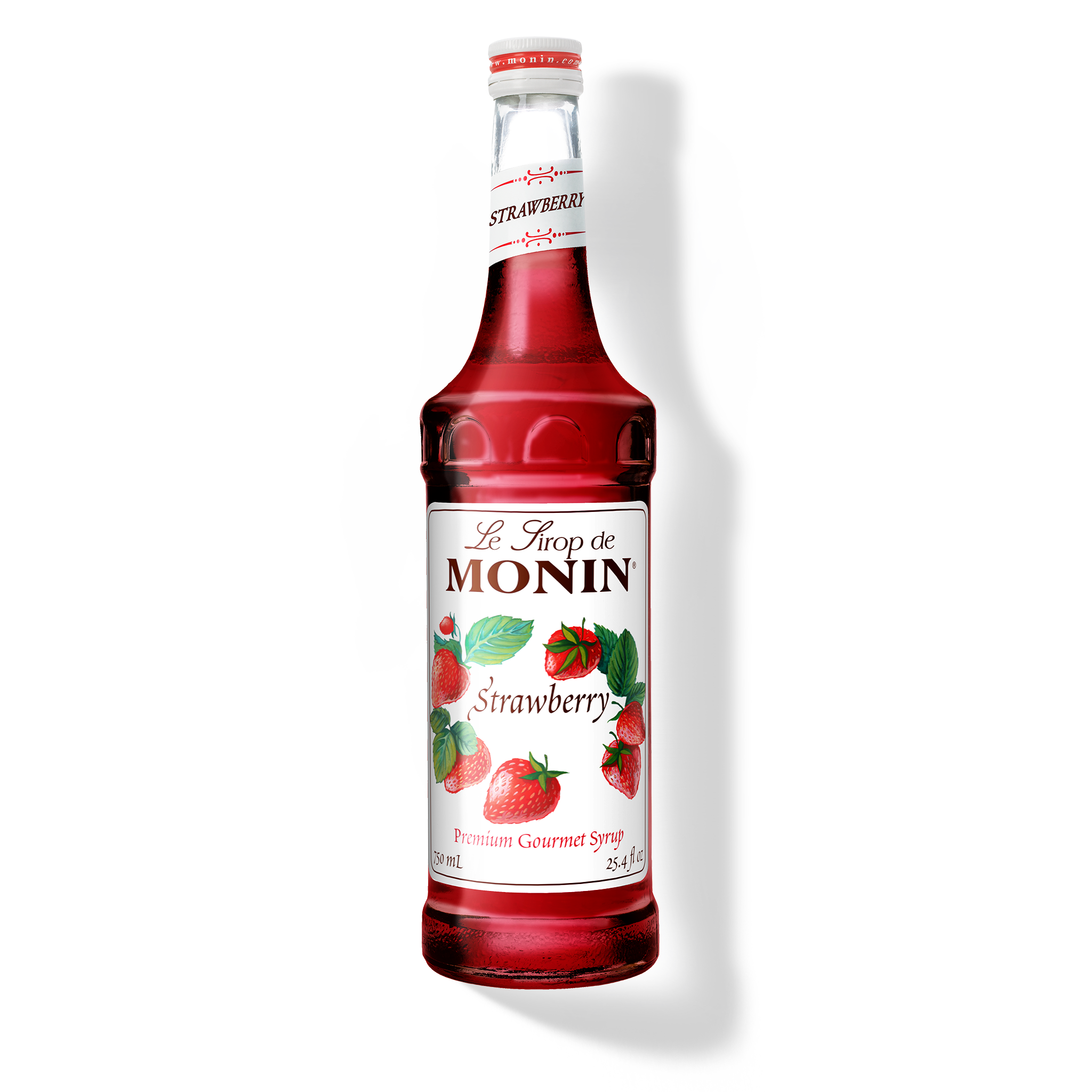 Bottle of Monin Strawberry Syrup.