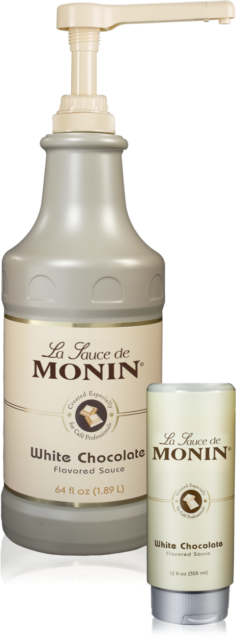 Container of Monin White Chocolate Sauce with pump.
