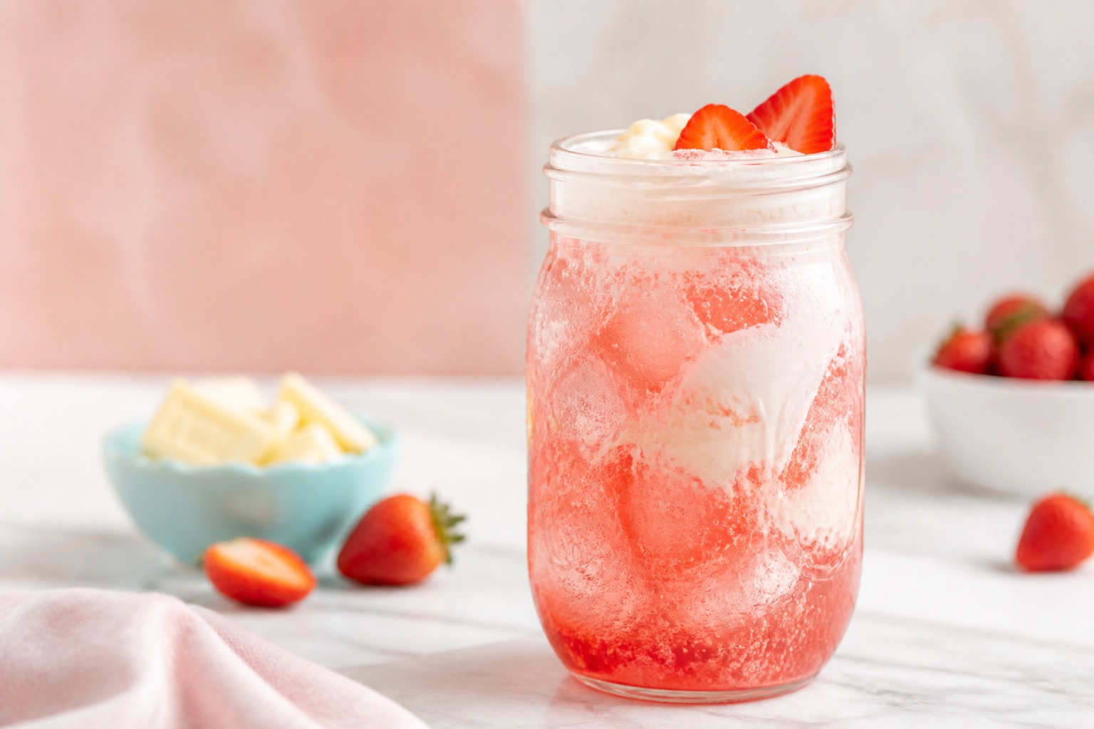 A strawberry dirty soda with cream and white chocolate sauce.