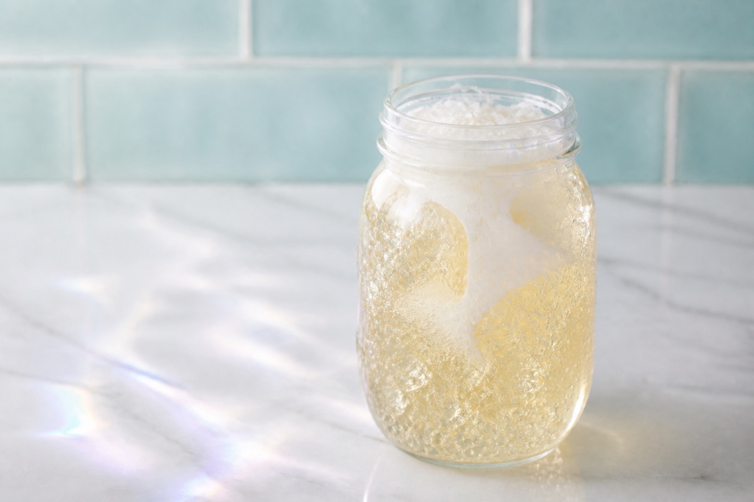A pearly vanilla and white chocolate cream soda over ice.