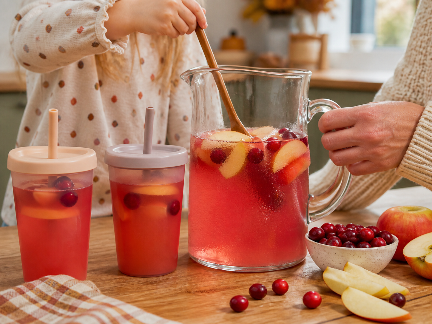 A pitcher of rosy apple-cranberry drink with apple slices and two lidded straw cups.