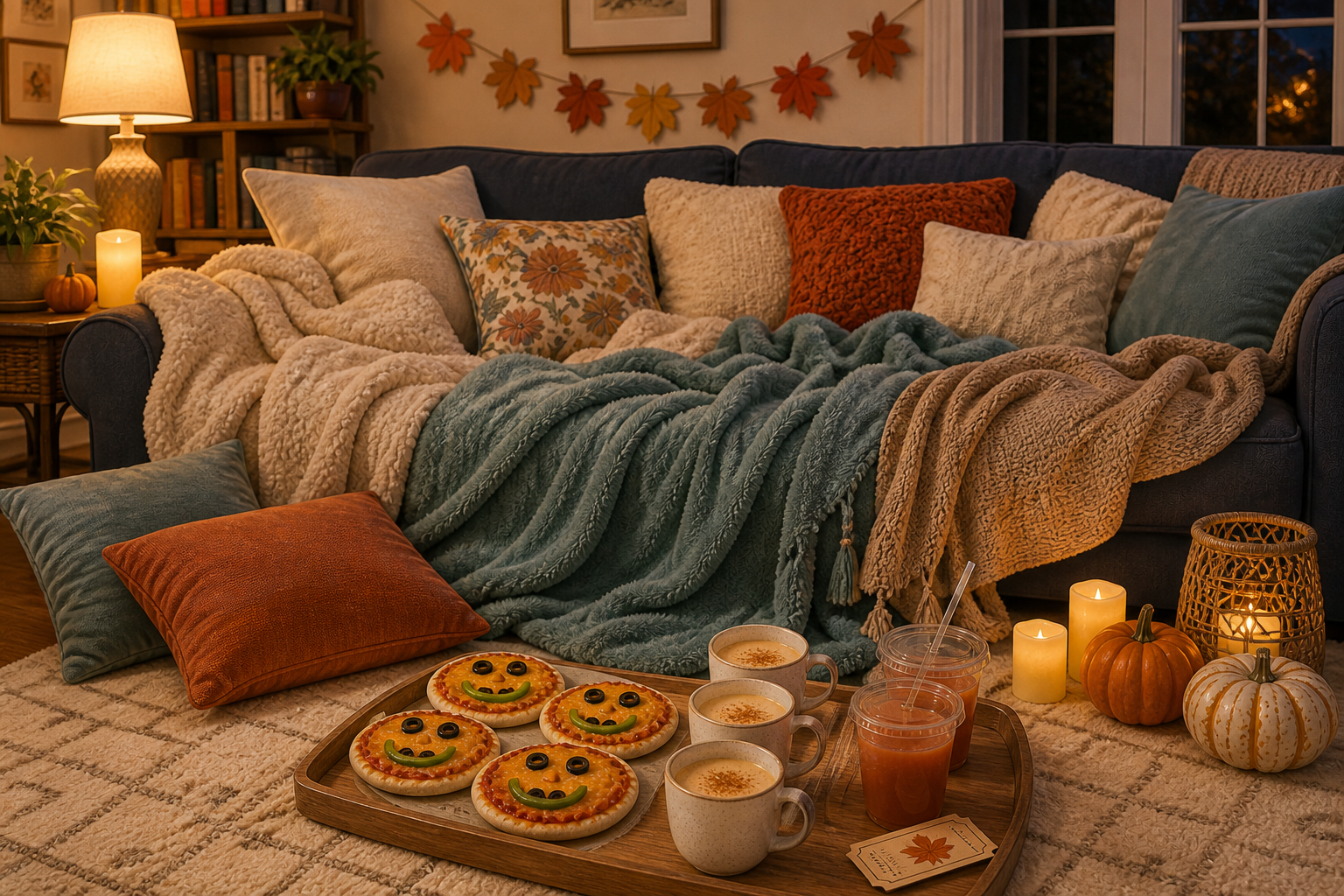 A fall movie-night living room with a couch-wide blanket nest, floor pillows, warm lamps and battery candles, a leaf garland, pumpkins, and a tray of pumpkin pizzas and fall drinks.