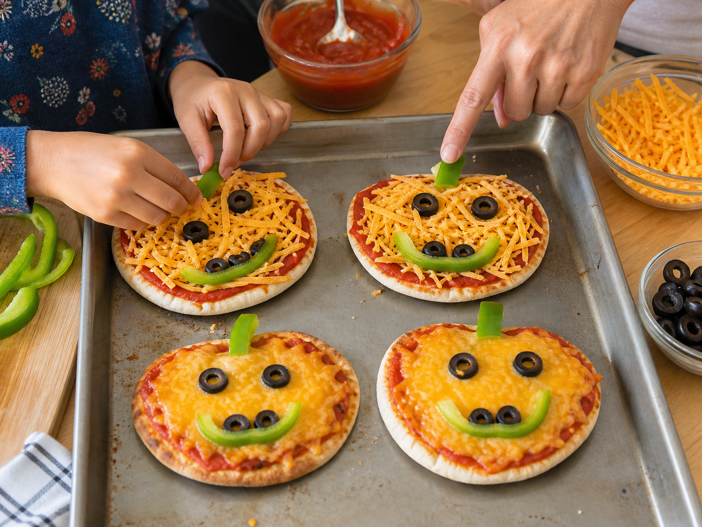 Four pumpkin-face pita pizzas, with a child and adult adding pepper stems and olive faces together.
