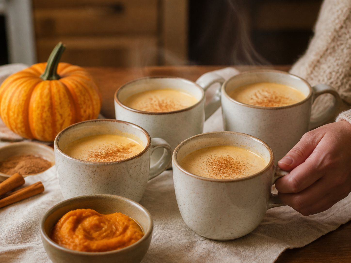 Four small ceramic mugs filled with warm pumpkin pie milk and dusted lightly with cinnamon.