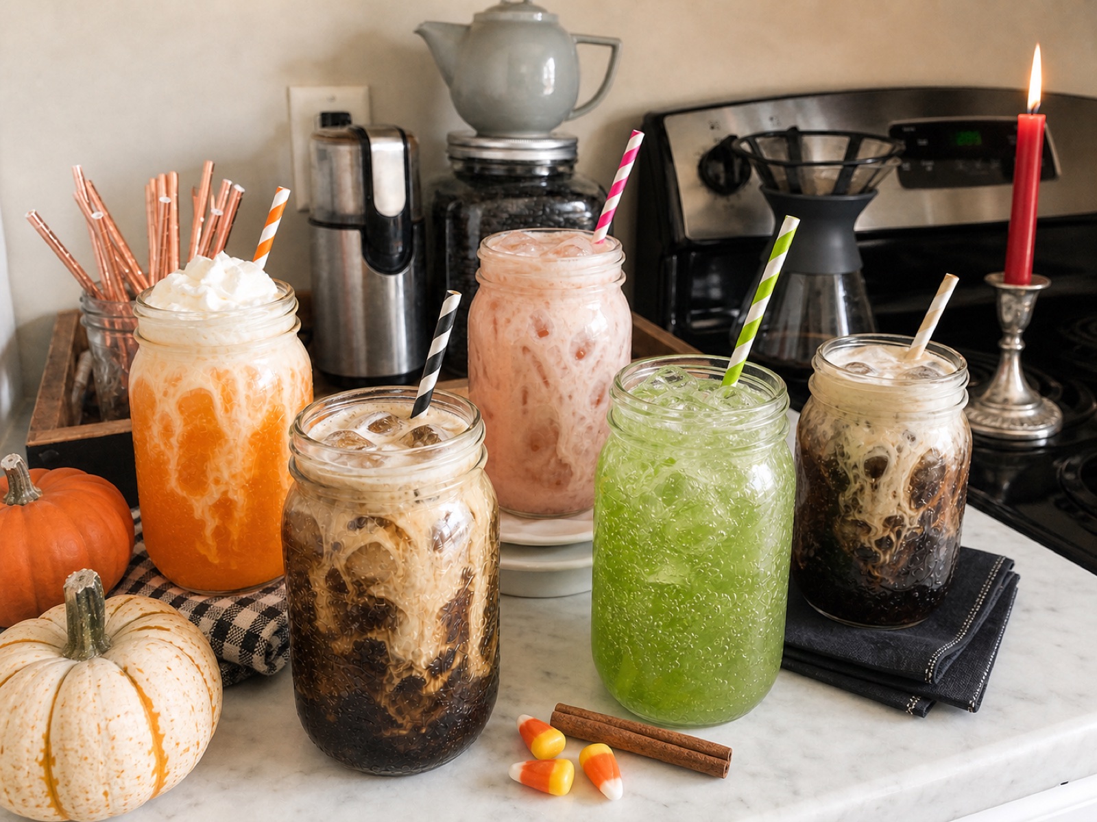 Five Halloween dirty sodas in orange, blush pink, green, pumpkin cream, and black cherry on Carla's kitchen counter with striped straws, pumpkins, candy corn, cinnamon sticks, and a red taper candle.