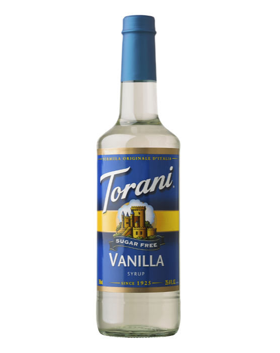 Torani Sugar Free Vanilla Syrup bottle.