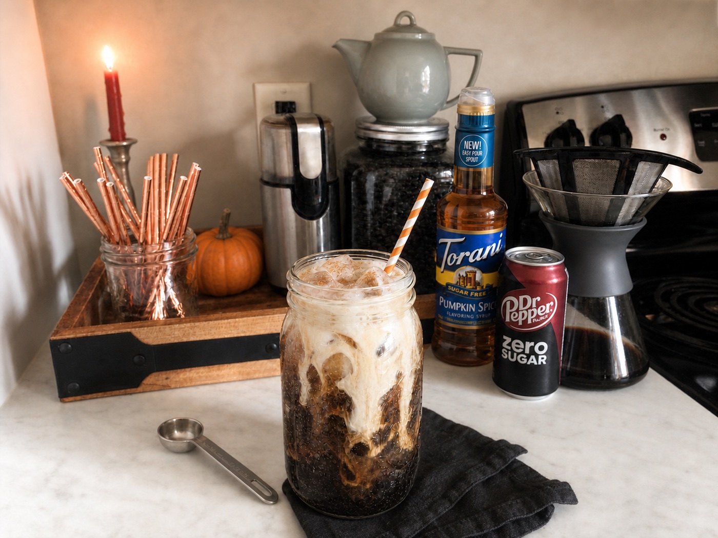 Pumpkin Patch Dr Pepper dirty soda with pumpkin cream ribbons, Torani Sugar Free Pumpkin Spice, and Dr Pepper Zero Sugar on Carla's kitchen counter.