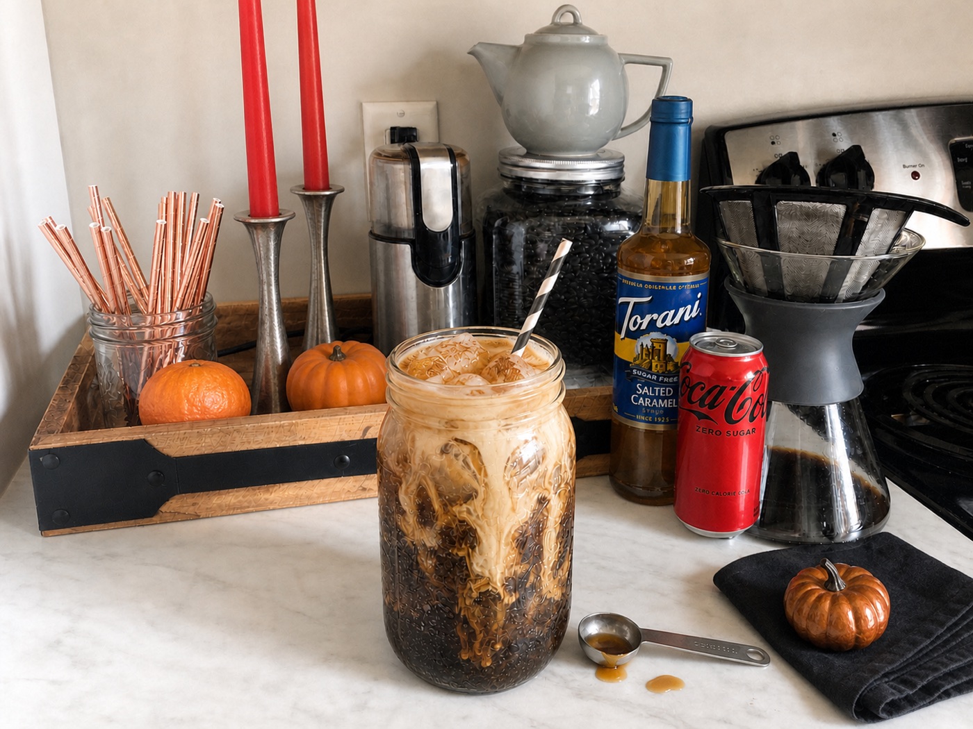 Haunted Salted Caramel Cola with thick cream ribbons, Torani Sugar Free Salted Caramel, and Coca-Cola Zero Sugar on Carla's kitchen counter.
