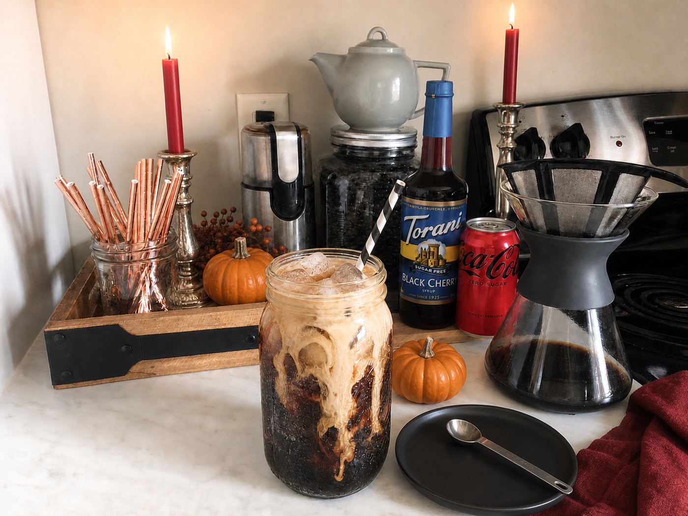 Black Cat Cherry Cola with pale cream ribbons, Torani Sugar Free Black Cherry, and Coca-Cola Zero Sugar on Carla's kitchen counter.