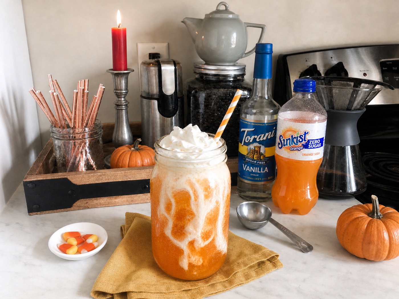 Candy Corn Creamsicle dirty soda with bright orange soda, creamy white ribbons, Torani Sugar Free Vanilla, and Sunkist Zero Sugar Orange.