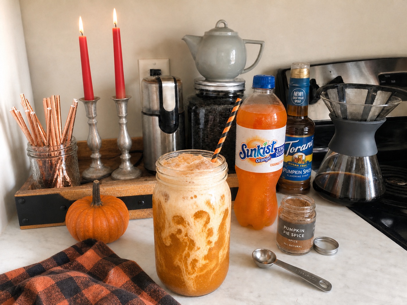 Jack-o'-Lantern Pumpkin Creamsicle with pumpkin-orange soda, cream ribbons, Torani Sugar Free Pumpkin Spice, and Sunkist Zero Sugar Orange.
