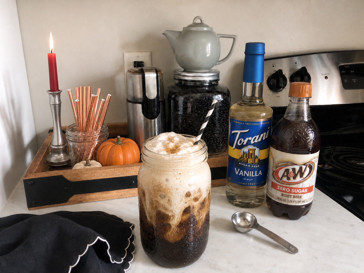 Graveyard Root Beer dirty soda with vanilla cream ribbons, Torani Sugar Free Vanilla, and A&W Zero Sugar Root Beer.