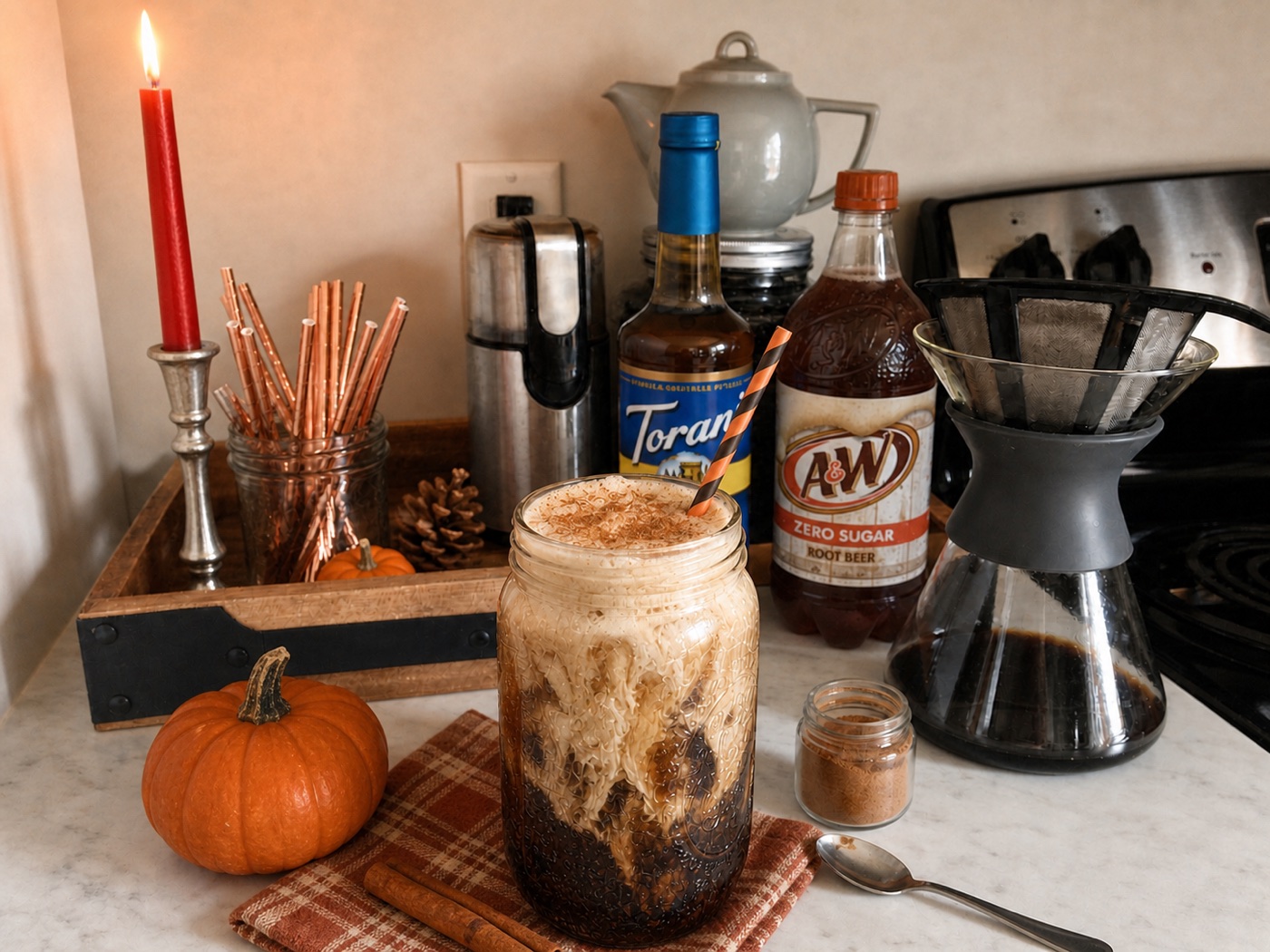 Bonfire Root Beer with caramel cream and cinnamon, Torani Sugar Free Salted Caramel, and A&W Zero Sugar Root Beer.