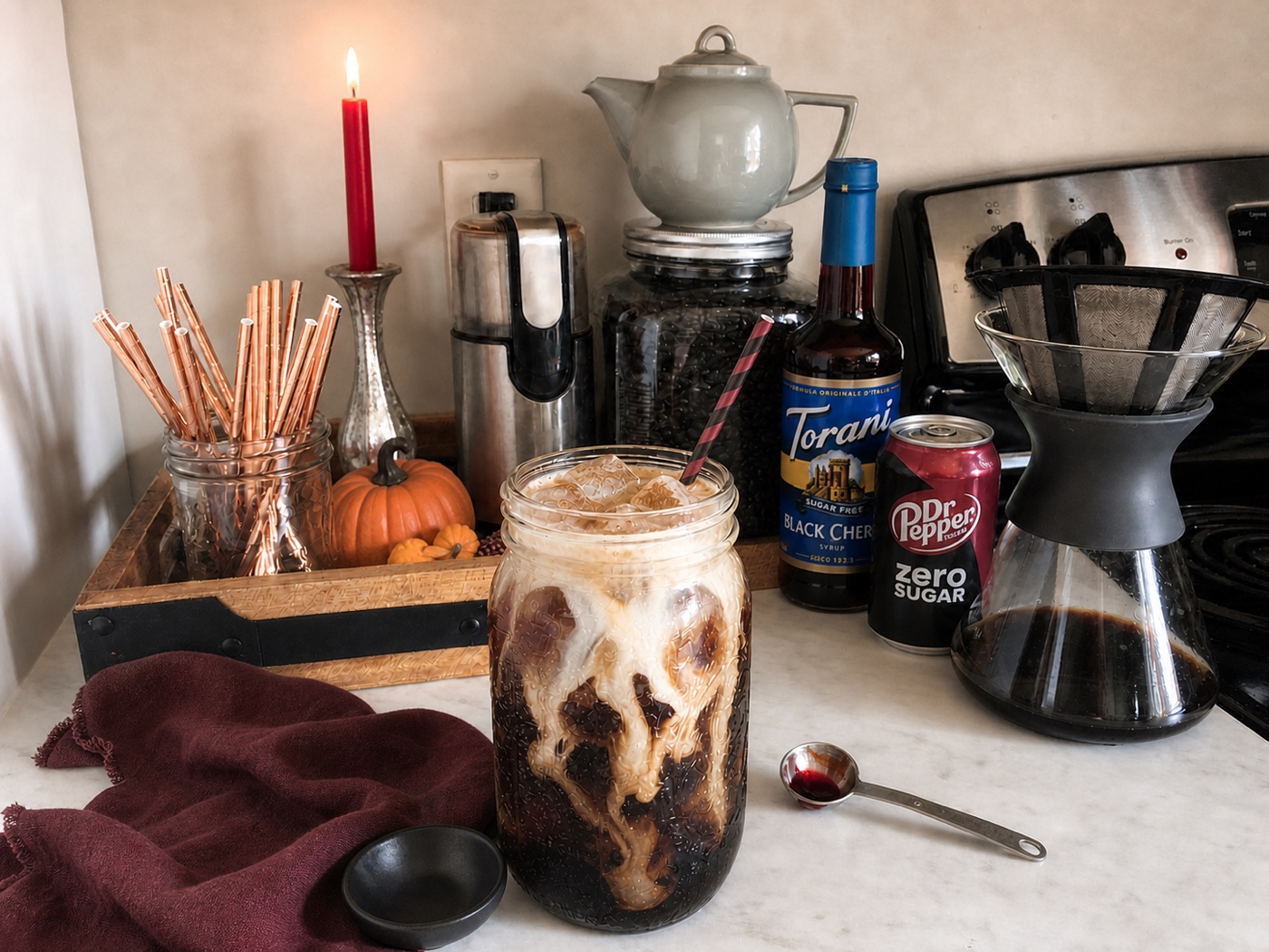 Vampire's Kiss Dr Pepper with black cherry and cream ribbons, Torani Sugar Free Black Cherry, and Dr Pepper Zero Sugar.