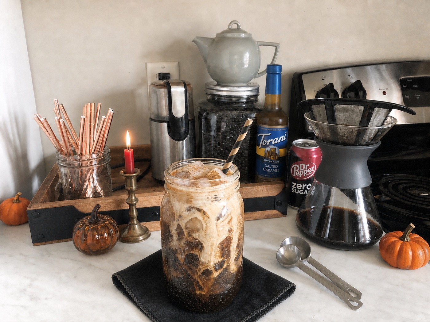 Midnight Spell dirty soda with thick caramel cream, Torani Sugar Free Salted Caramel, and Dr Pepper Zero Sugar.