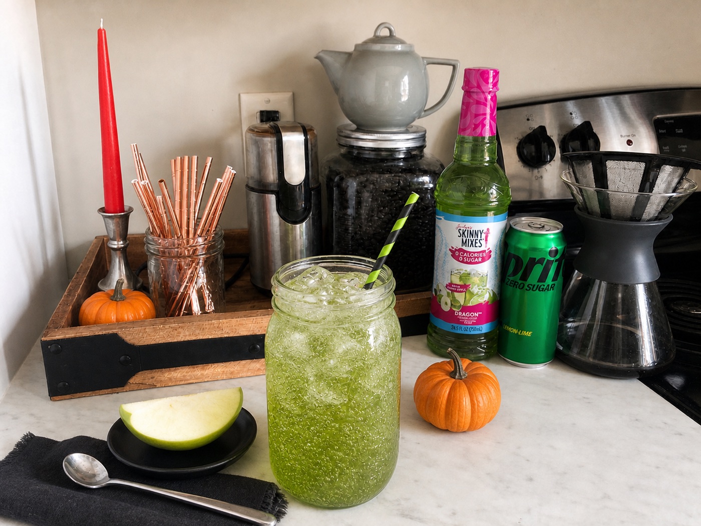 Poison Apple Fizz with bright green soda, Jordan's Skinny Mixes Sour Green Apple, and Sprite Zero Sugar.