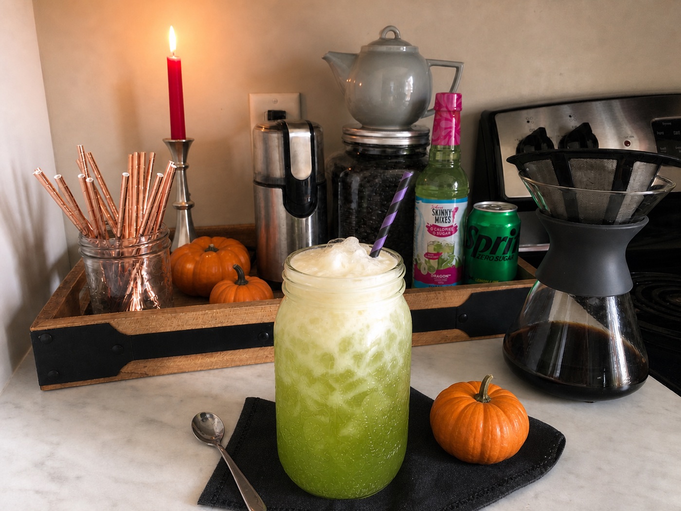 Witch's Brew dirty soda with bright green lemon-lime soda and smooth vanilla cream, Jordan's Skinny Mixes Sour Green Apple, and Sprite Zero Sugar.