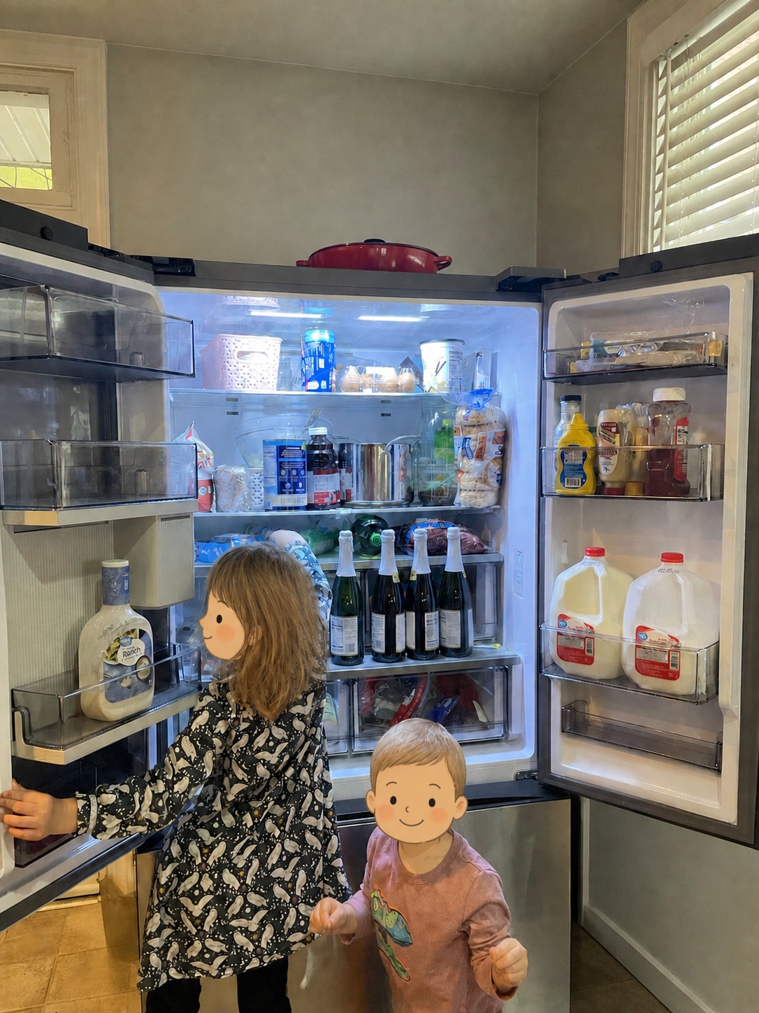 Two children help at an open family refrigerator, with their identities protected by illustrated cartoon faces.