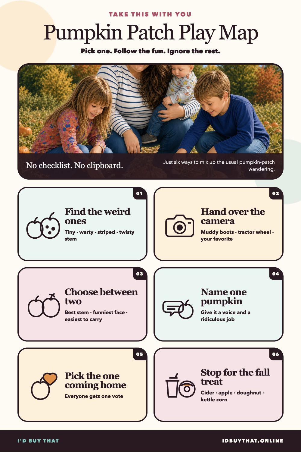 An illustrated pumpkin patch play map with six ideas: find unusual pumpkins, hand a child the camera, compare two pumpkins, name one, choose one to take home, and stop for a fall treat.